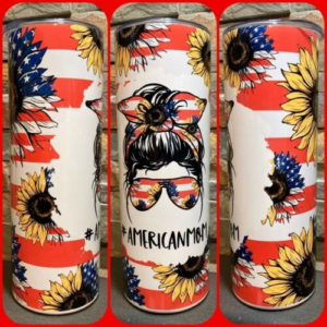 Sunflower American Mom Life Messy Bun Hair 20oz Skinny Tumbler