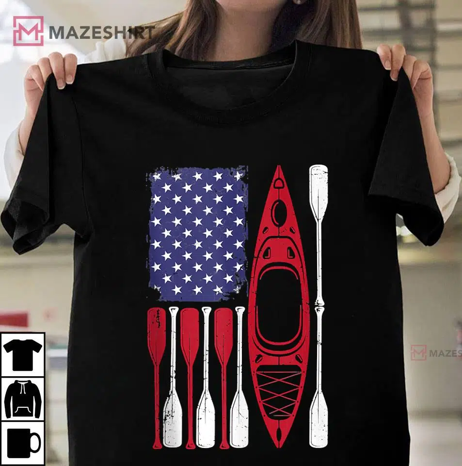 American Flag Kayak Paddle Kayaking 4th Of July T-Shirt