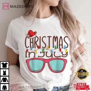 Christmas In July Santa Hat Sunglasses Summer Beach T-Shirt