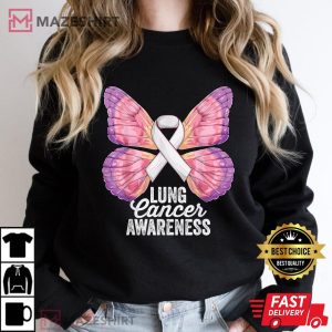 I Wear White Lung Cancer Awareness White Ribbon Butterfly Women black sweatshirt