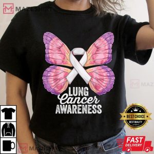 I Wear White Lung Cancer Awareness White Ribbon Butterfly Women black t shirt 2
