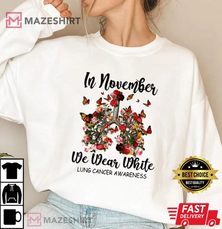 In November We Wear White Butterfly Lung Cancer Awareness T-Shirt